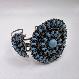Silver Tone Faux Turquoise Cluster Cuff Bracelet Stamped NR Nina Ricci? Sz 7